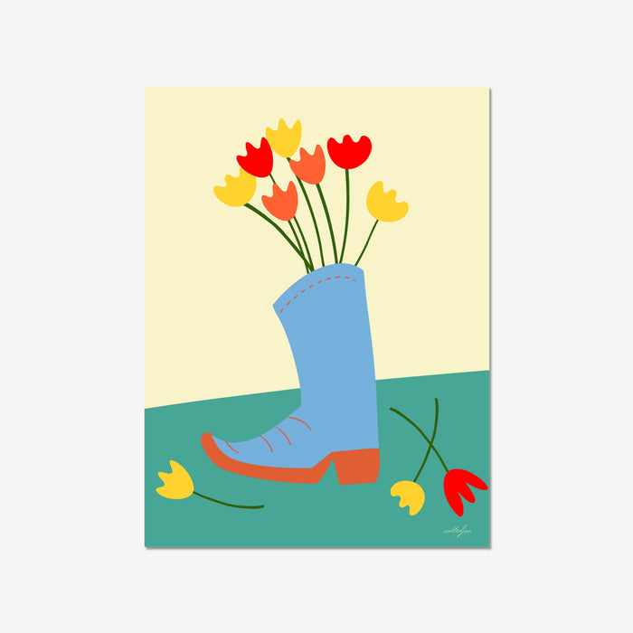 Cowboy Cowgirl Boot Flower Vase Wall Art Print, Floral Cowboy Boot illustration Western Wall Art, Country Home Decor, Rustic Wall Art,Tulips