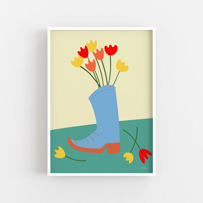 Cowboy Cowgirl Boot Flower Vase Wall Art Print, Floral Cowboy Boot illustration Western Wall Art, Country Home Decor, Rustic Wall Art,Tulips