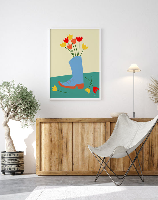 Cowboy Cowgirl Boot Flower Vase Wall Art Print, Floral Cowboy Boot illustration Western Wall Art, Country Home Decor, Rustic Wall Art,Tulips