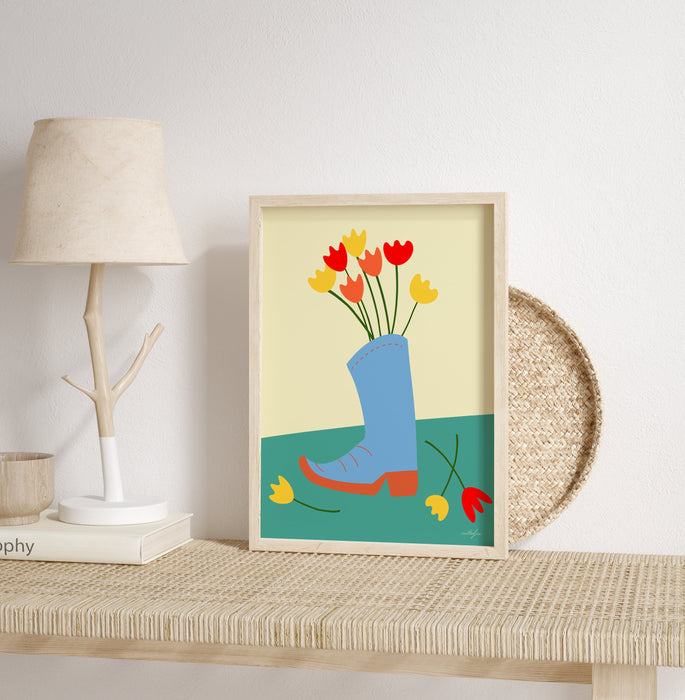 Cowboy Cowgirl Boot Flower Vase Wall Art Print, Floral Cowboy Boot illustration Western Wall Art, Country Home Decor, Rustic Wall Art,Tulips