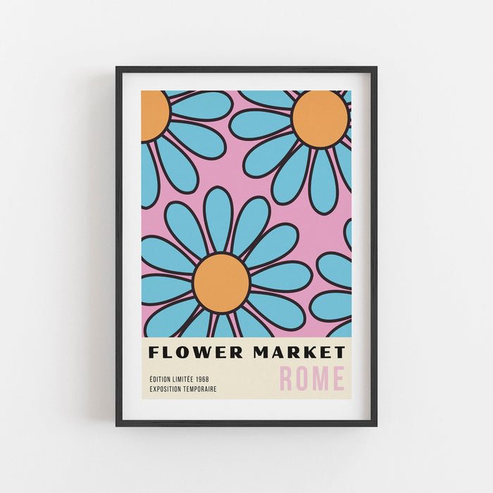 Flower Pink Wall Art, Botanical Wall Art, 70s Print, Flower Illustration, Pink Orange Blue Art Print, Big Flower Print, Flower Market Rome