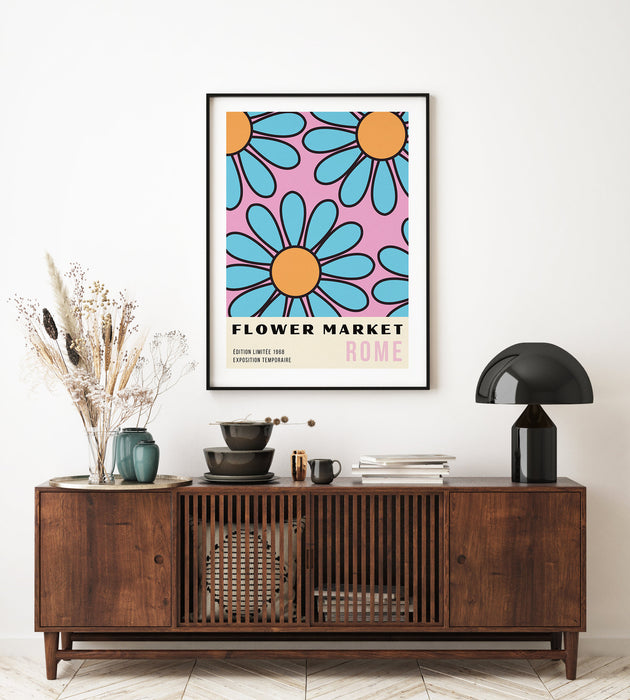Flower Pink Wall Art, Botanical Wall Art, 70s Print, Flower Illustration, Pink Orange Blue Art Print, Big Flower Print, Flower Market Rome