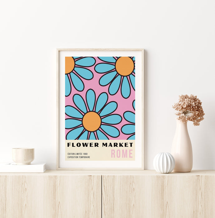 Flower Pink Wall Art, Botanical Wall Art, 70s Print, Flower Illustration, Pink Orange Blue Art Print, Big Flower Print, Flower Market Rome