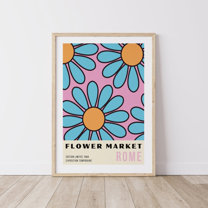 Flower Pink Wall Art, Botanical Wall Art, 70s Print, Flower Illustration, Pink Orange Blue Art Print, Big Flower Print, Flower Market Rome