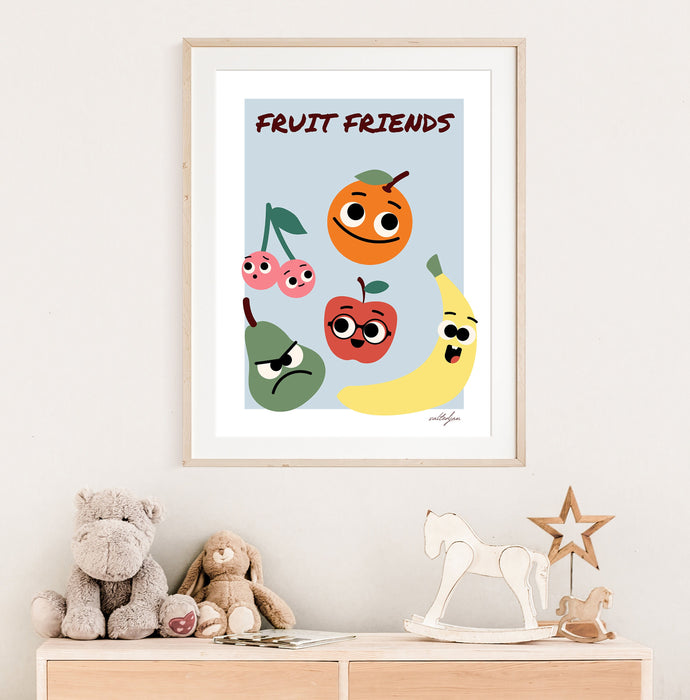 Fruit Friends Art Print, Kids Room Decor, Unique Nursery Decor, Kitchen Wall Art, Playroom Print, Kawaii Fruit Art