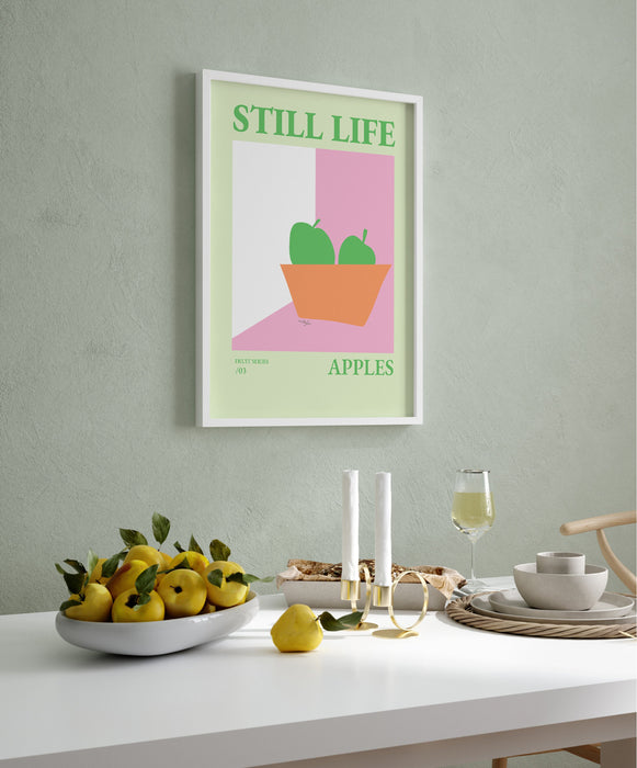 Artkitchen print, Still Life Apples Fruit Bowl Print, Danish Pastel Poster, Girly Kitchen Poster