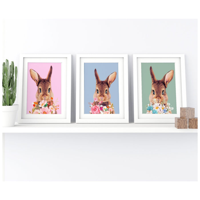 Gallery Wall Art Set Of 3 Prints, Bunny Wall Art ~ Pink Flower ~ Set of 3 ~ Printable Instant Digital Download, Pink Decor, Nursery Decor,