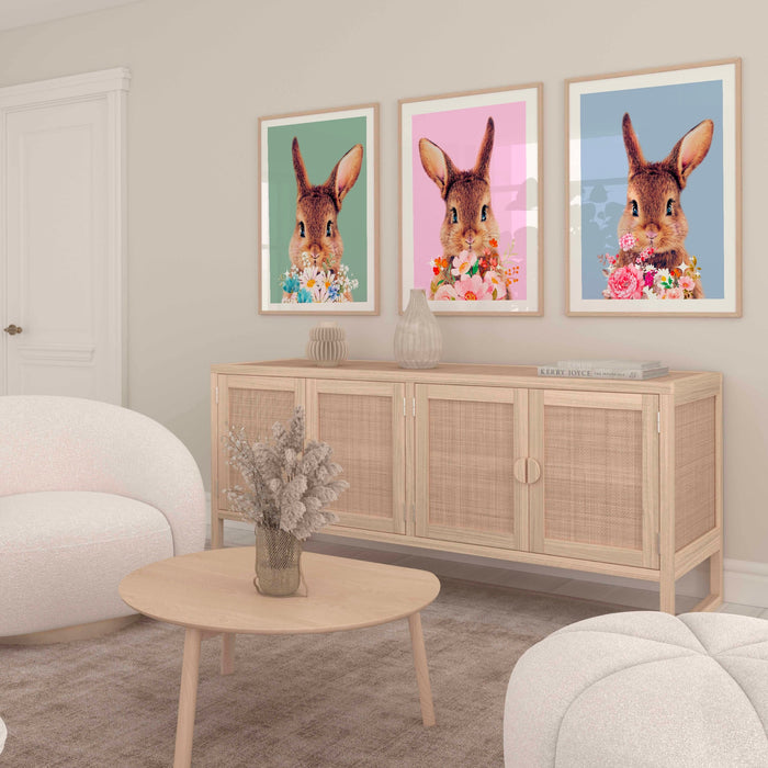 Gallery Wall Art Set Of 3 Prints, Bunny Wall Art ~ Pink Flower ~ Set of 3 ~ Printable Instant Digital Download, Pink Decor, Nursery Decor,