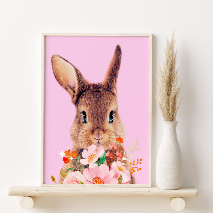 Gallery Wall Art Set Of 3 Prints, Bunny Wall Art ~ Pink Flower ~ Set of 3 ~ Printable Instant Digital Download, Pink Decor, Nursery Decor,
