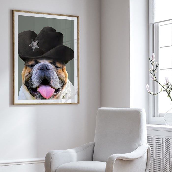 Cowboy Dog Bar Art, Cute Sheriff Dog Print, Pet Portrait, Quirky Animal, Air BnB Decor, Bulldog Poster, Funny Dog Print, Gift for Him,