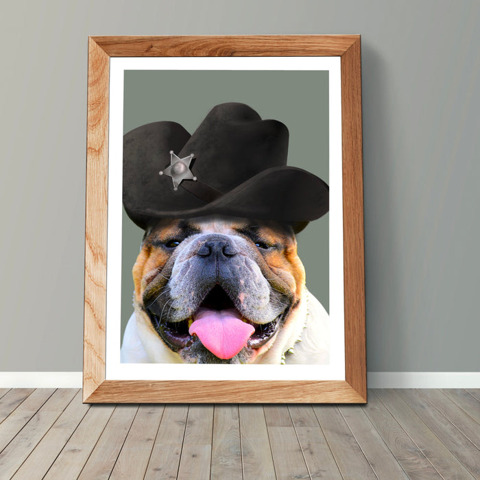 Cowboy Dog Bar Art, Cute Sheriff Dog Print, Pet Portrait, Quirky Animal, Air BnB Decor, Bulldog Poster, Funny Dog Print, Gift for Him,