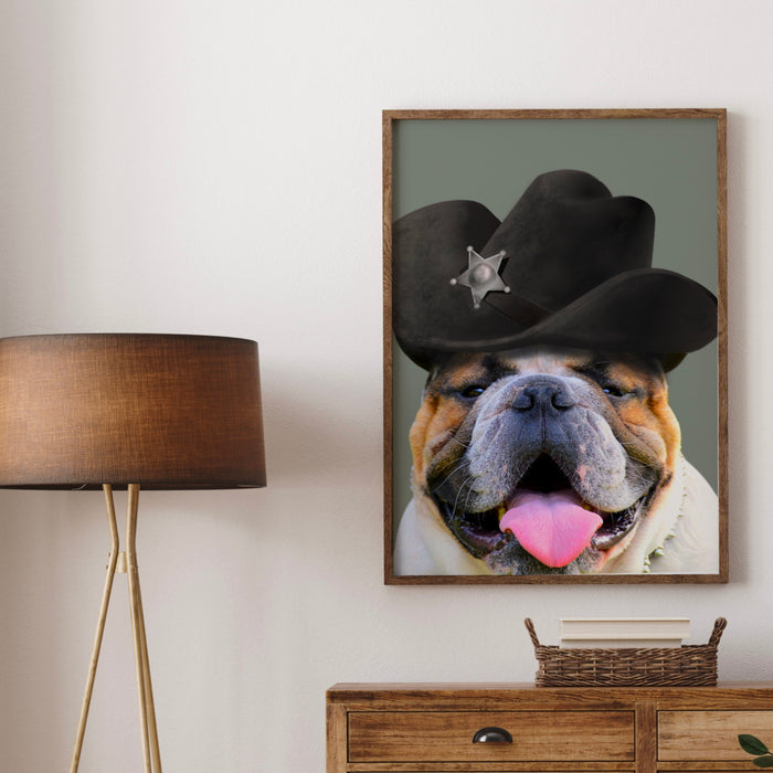 Cowboy Dog Bar Art, Cute Sheriff Dog Print, Pet Portrait, Quirky Animal, Air BnB Decor, Bulldog Poster, Funny Dog Print, Gift for Him,