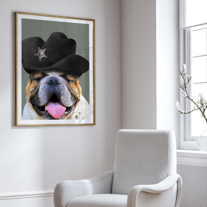 Cowboy Dog Bar Art, Cute Sheriff Dog Print, Pet Portrait, Quirky Animal, Air BnB Decor, Bulldog Poster, Funny Dog Print, Gift for Him,