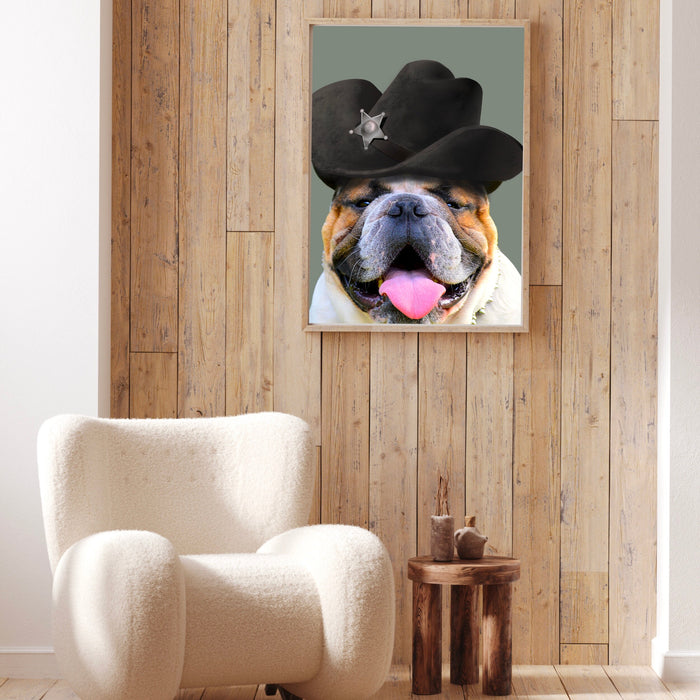 Cowboy Dog Bar Art, Cute Sheriff Dog Print, Pet Portrait, Quirky Animal, Air BnB Decor, Bulldog Poster, Funny Dog Print, Gift for Him,