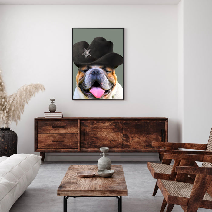 Cowboy Dog Bar Art, Cute Sheriff Dog Print, Pet Portrait, Quirky Animal, Air BnB Decor, Bulldog Poster, Funny Dog Print, Gift for Him,