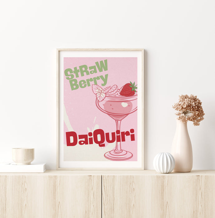 Classic Cocktails Drink Poster, Digital Download, Strawberry Daiquiri Print , Girly Art, Bar Accessories, Printable Poster, Retro Art