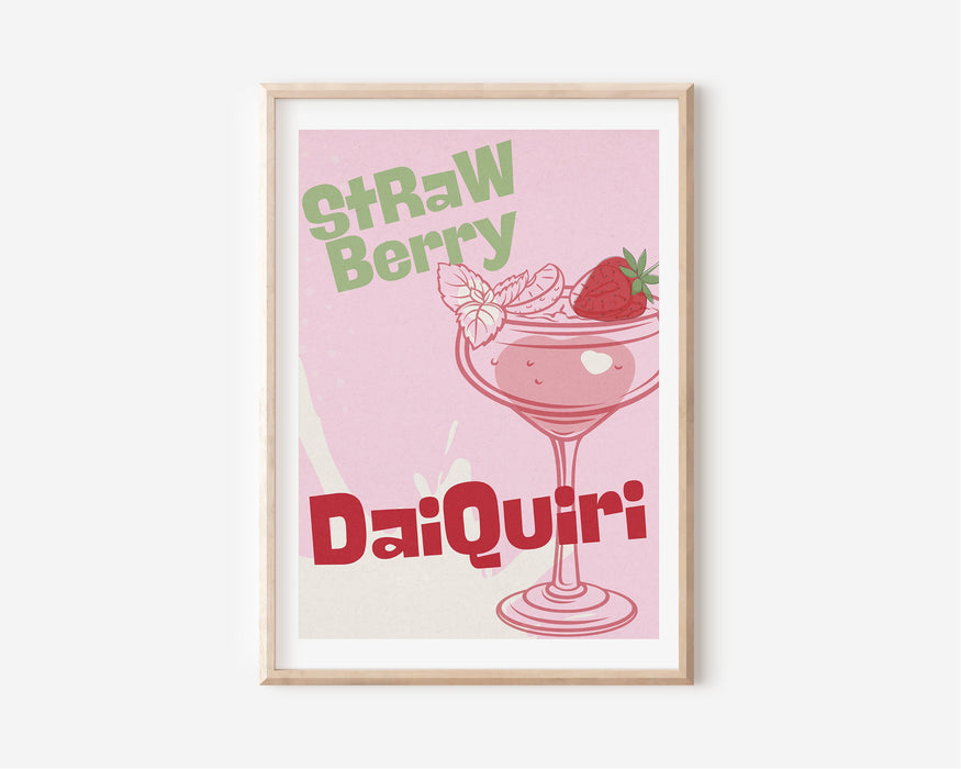 Classic Cocktails Drink Poster, Digital Download, Strawberry Daiquiri Print , Girly Art, Bar Accessories, Printable Poster, Retro Art