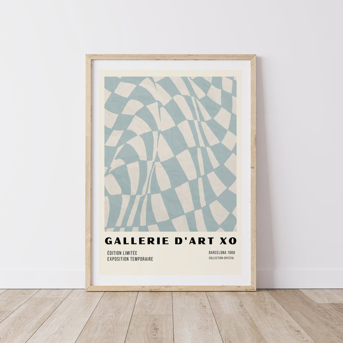 Funky Checkered Wavy Retro Digital Art Print, Cream and Blue, Printable Wall Art Trendy, Checkerboard Print, Checked Print, Checked Art,