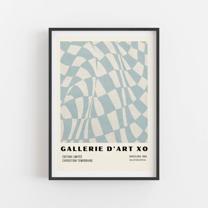 Funky Checkered Wavy Retro Digital Art Print, Cream and Blue, Printable Wall Art Trendy, Checkerboard Print, Checked Print, Checked Art,