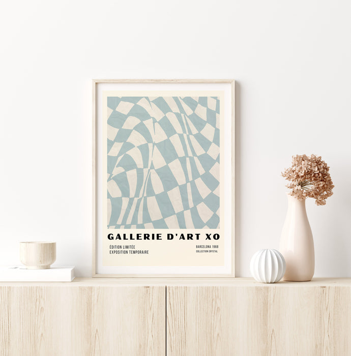 Funky Checkered Wavy Retro Digital Art Print, Cream and Blue, Printable Wall Art Trendy, Checkerboard Print, Checked Print, Checked Art,