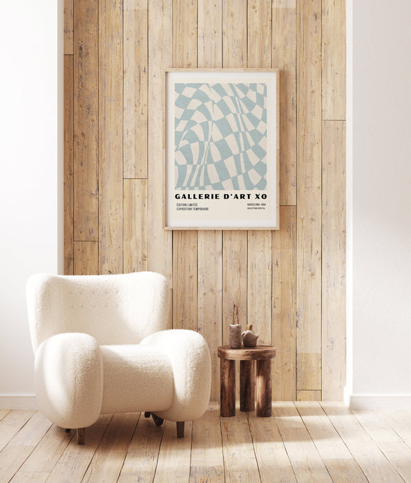 Funky Checkered Wavy Retro Digital Art Print, Cream and Blue, Printable Wall Art Trendy, Checkerboard Print, Checked Print, Checked Art,