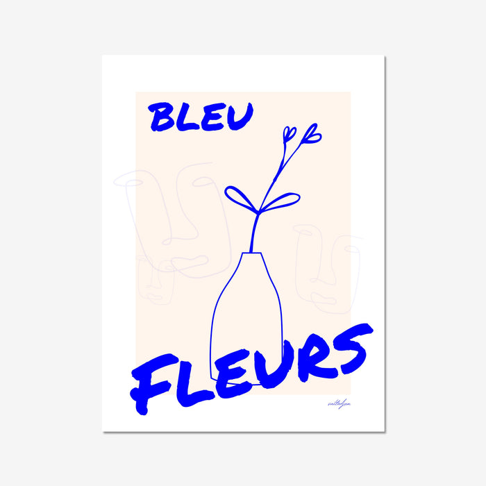Blue Fleurs Wall Art Poster, Minimalist Line Art, Electric Blue Wall Art, Female Face Line Art, Floral Line Art