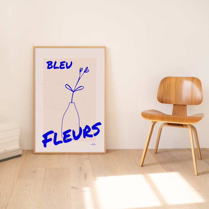 Blue Fleurs Wall Art Poster, Minimalist Line Art, Electric Blue Wall Art, Female Face Line Art, Floral Line Art