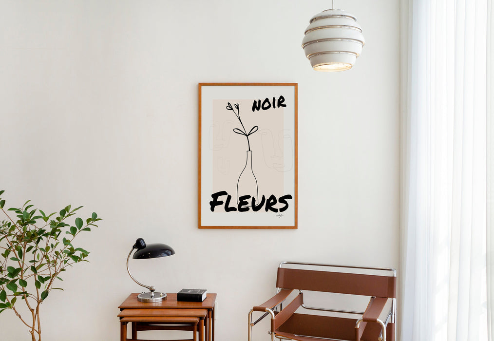 Black Modern Art, Fine Line Abstract Print, Flower Art,  Minimalist Decor, Scandinavian Art, Black Beige Cream and White Printed Poster