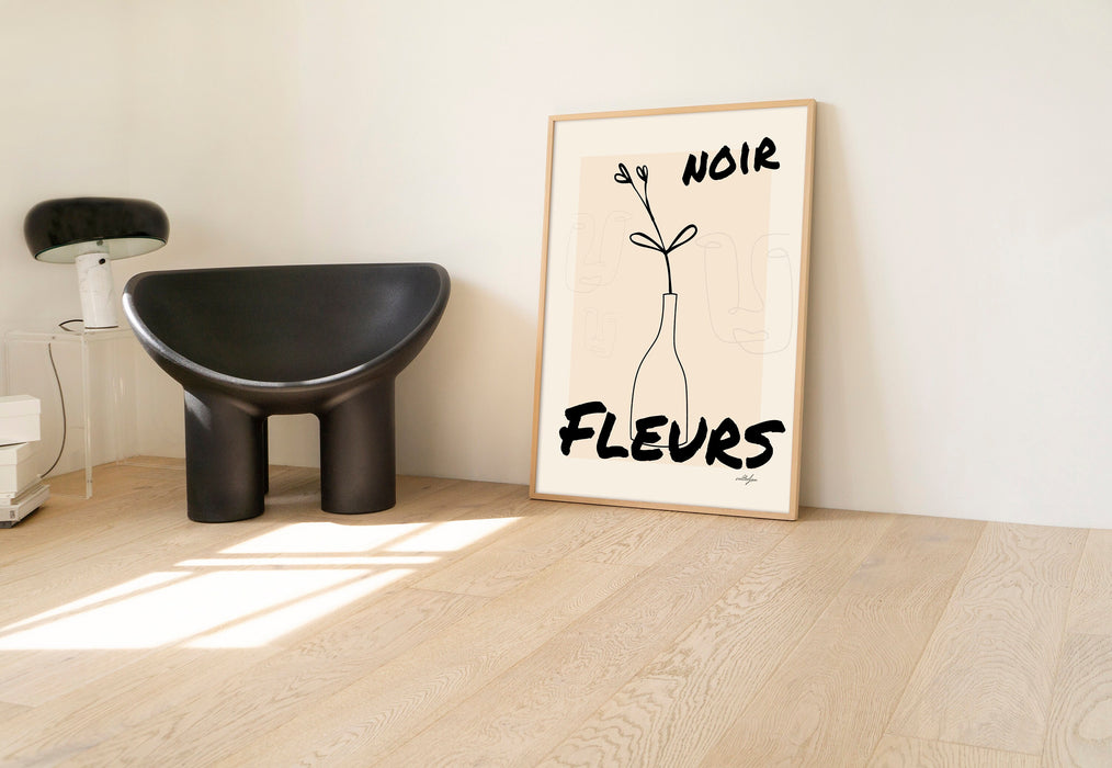 Black Flower Poster, French Flower Poster, Black Wall Art, Noir Fleurs, Minimalist Art, Modern Art, Gift For Her, Line Drawing, Graphic Art