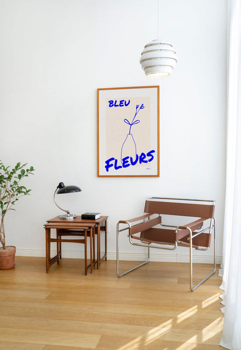 Blue Fleurs Wall Art Poster, Minimalist Line Art, Electric Blue Wall Art, Female Face Line Art, Floral Line Art