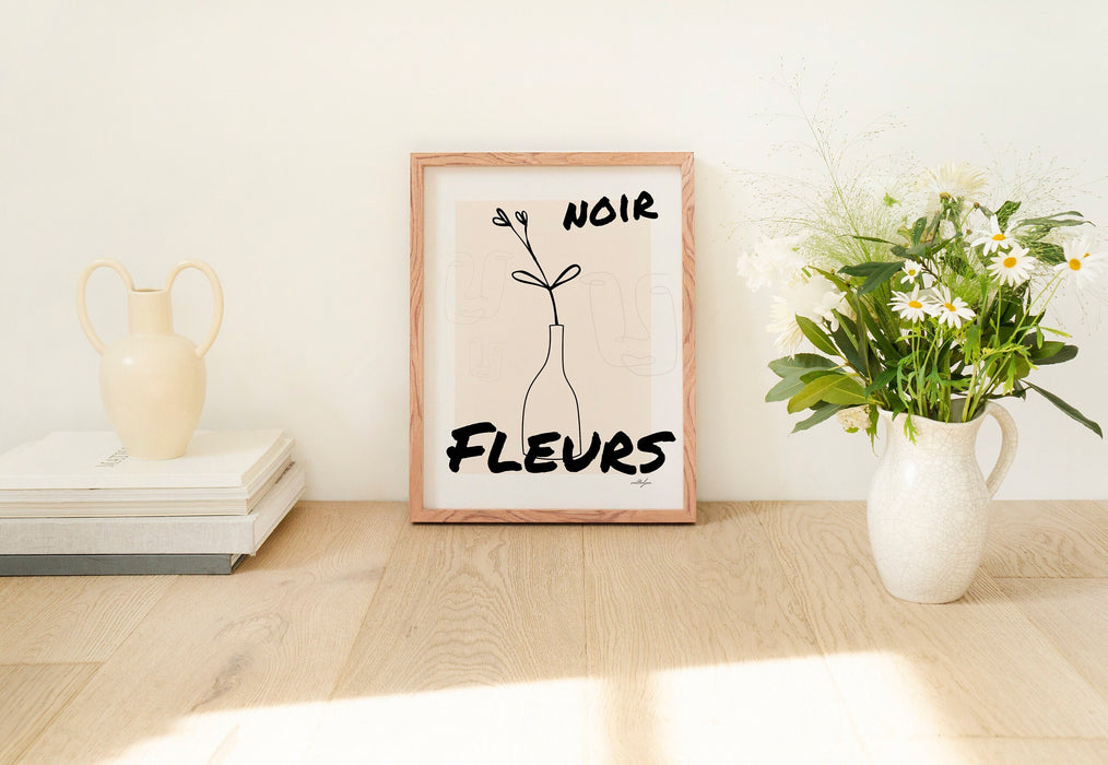 Black Modern Art, Fine Line Abstract Print, Flower Art,  Minimalist Decor, Scandinavian Art, Black Beige Cream and White Printed Poster