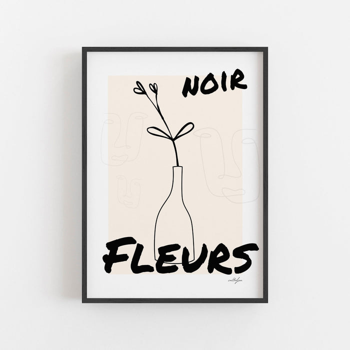 Black Flower Poster, French Flower Poster, Black Wall Art, Noir Fleurs, Minimalist Art, Modern Art, Gift For Her, Line Drawing, Graphic Art