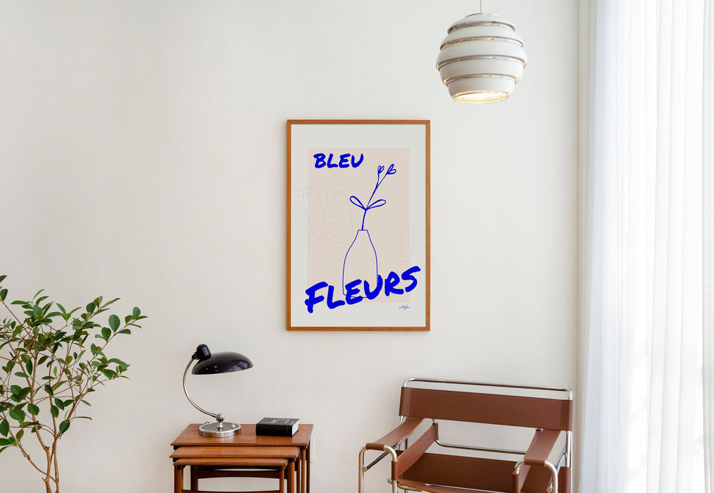 Blue Fleurs Wall Art Poster, Minimalist Line Art, Electric Blue Wall Art, Female Face Line Art, Floral Line Art