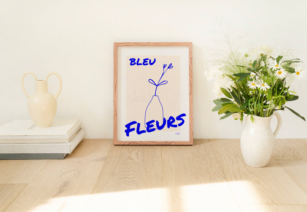 Blue Fleurs Wall Art Poster, Minimalist Line Art, Electric Blue Wall Art, Female Face Line Art, Floral Line Art