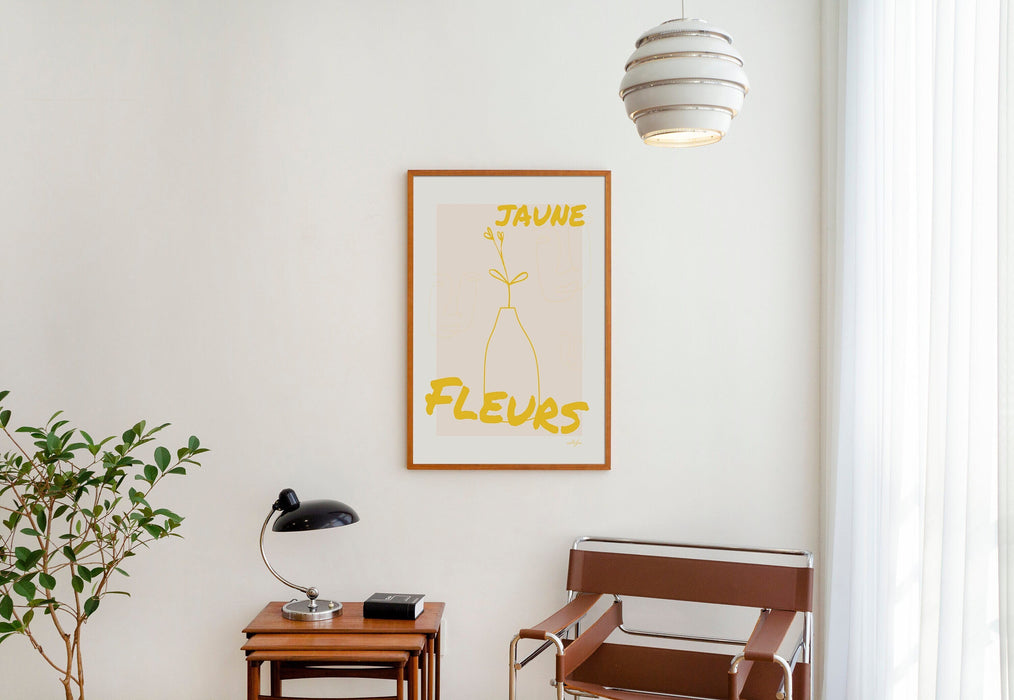 Yellow Flower Line Art, Large Yellow Wall Art, Sunshine Yellow Art, Jaune Fleurs, French Phrase Art, Dorm decor, Modern Home Decor