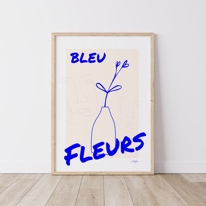 Blue Fleurs Wall Art Poster, Minimalist Line Art, Electric Blue Wall Art, Female Face Line Art, Floral Line Art