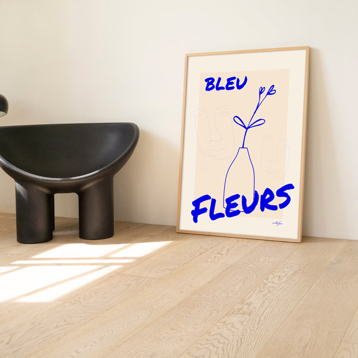 Blue Fleurs Wall Art Poster, Minimalist Line Art, Electric Blue Wall Art, Female Face Line Art, Floral Line Art