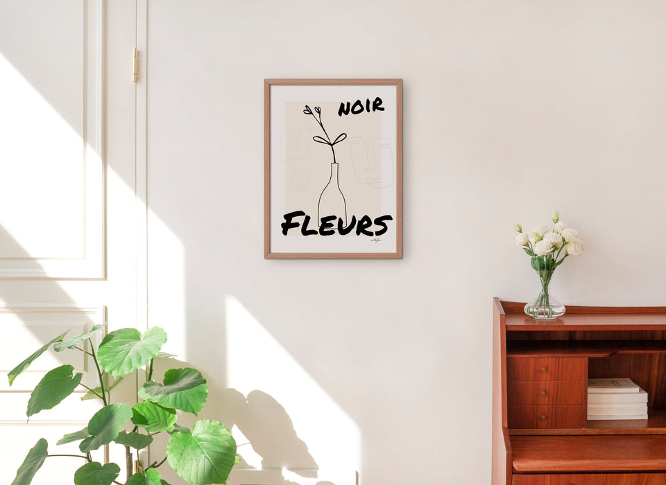 Black Flower Poster, French Flower Poster, Black Wall Art, Noir Fleurs, Minimalist Art, Modern Art, Gift For Her, Line Drawing, Graphic Art