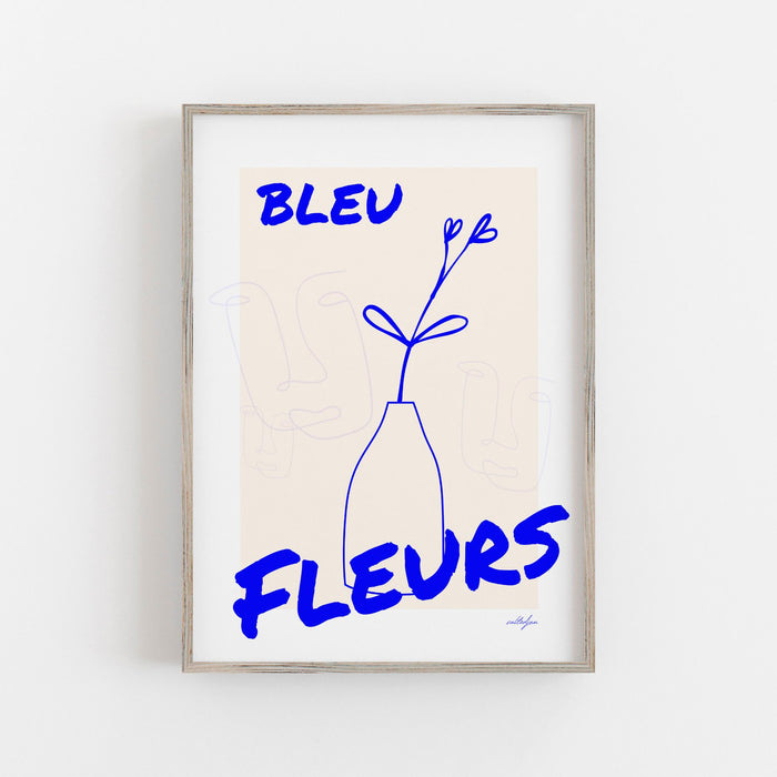 Blue Fleurs Wall Art Poster, Minimalist Line Art, Electric Blue Wall Art, Female Face Line Art, Floral Line Art