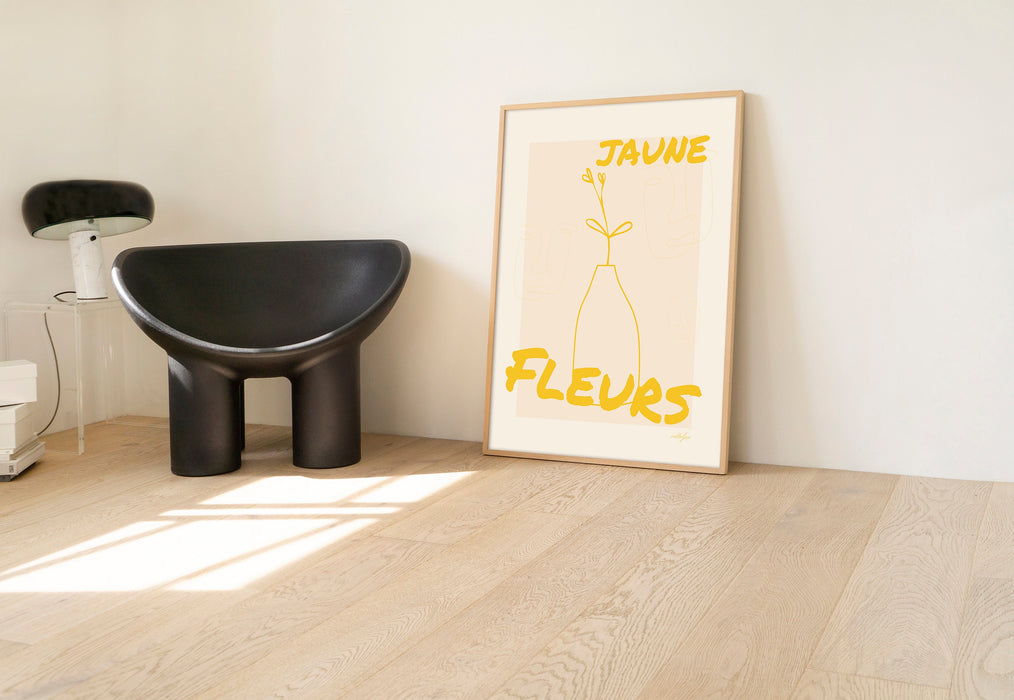 Yellow Flower Line Art, Large Yellow Wall Art, Sunshine Yellow Art, Jaune Fleurs, French Phrase Art, Dorm decor, Modern Home Decor