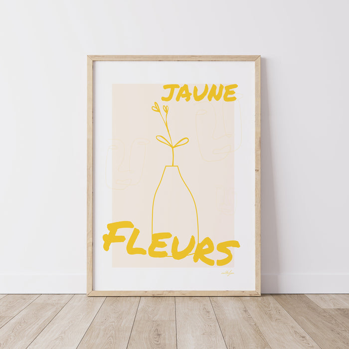 Yellow Flower Line Art, Large Yellow Wall Art, Sunshine Yellow Art, Jaune Fleurs, French Phrase Art, Dorm decor, Modern Home Decor