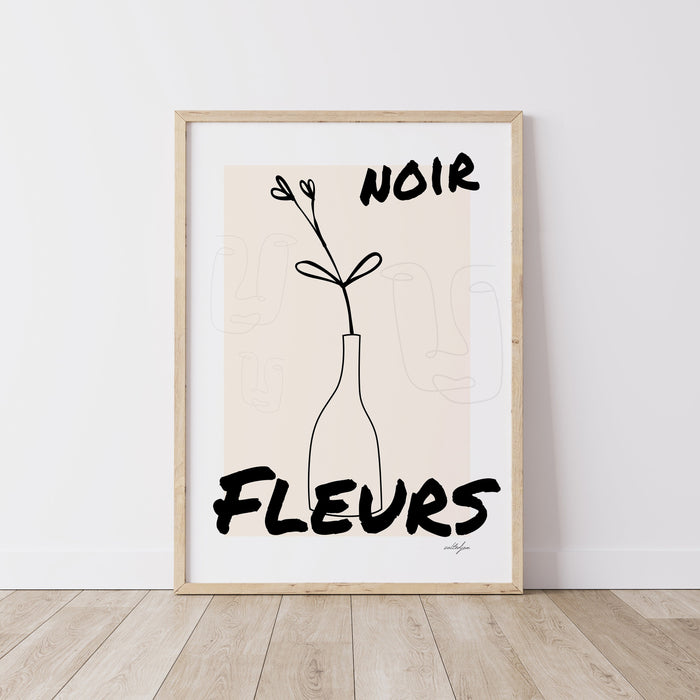 Black Flower Poster, French Flower Poster, Black Wall Art, Noir Fleurs, Minimalist Art, Modern Art, Gift For Her, Line Drawing, Graphic Art