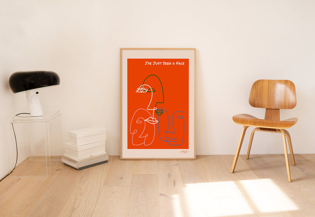 Retro Quote Wall Print, Face Line Art, Orange Wall Art, Wall Decor, Large Art