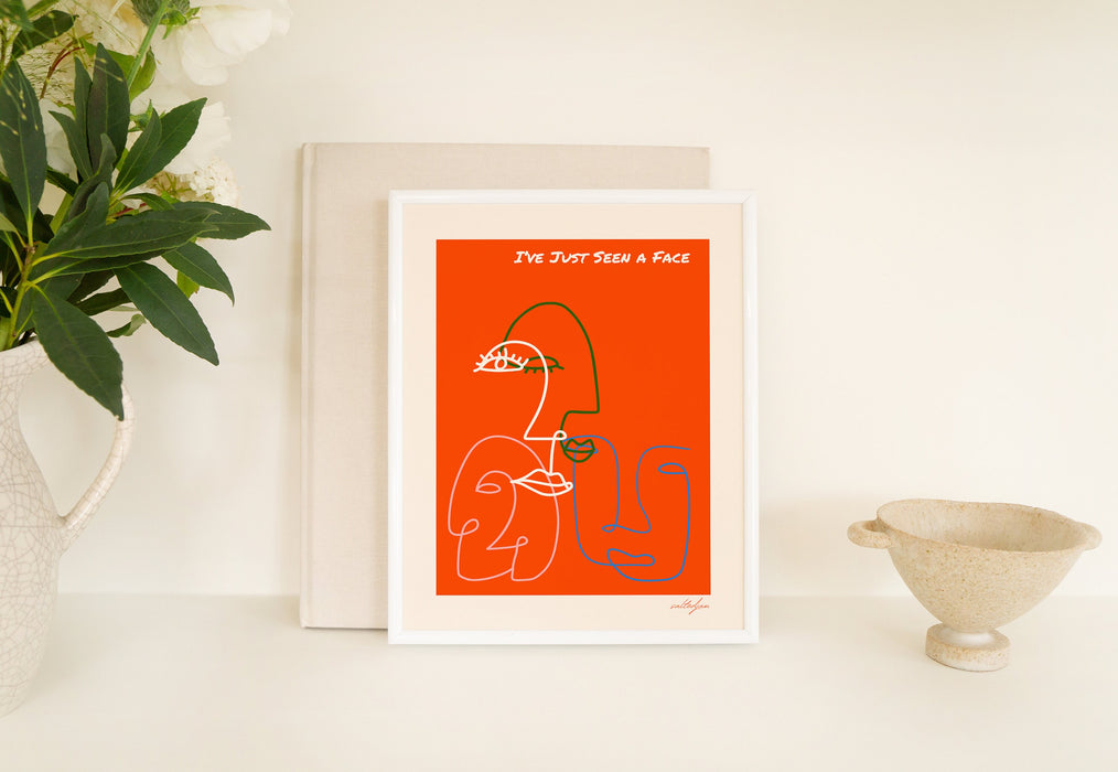 Retro Quote Wall Print, Face Line Art, Orange Wall Art, Wall Decor, Large Art
