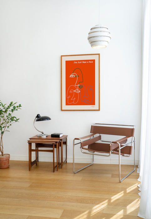 Retro Quote Wall Print, Face Line Art, Orange Wall Art, Wall Decor, Large Art