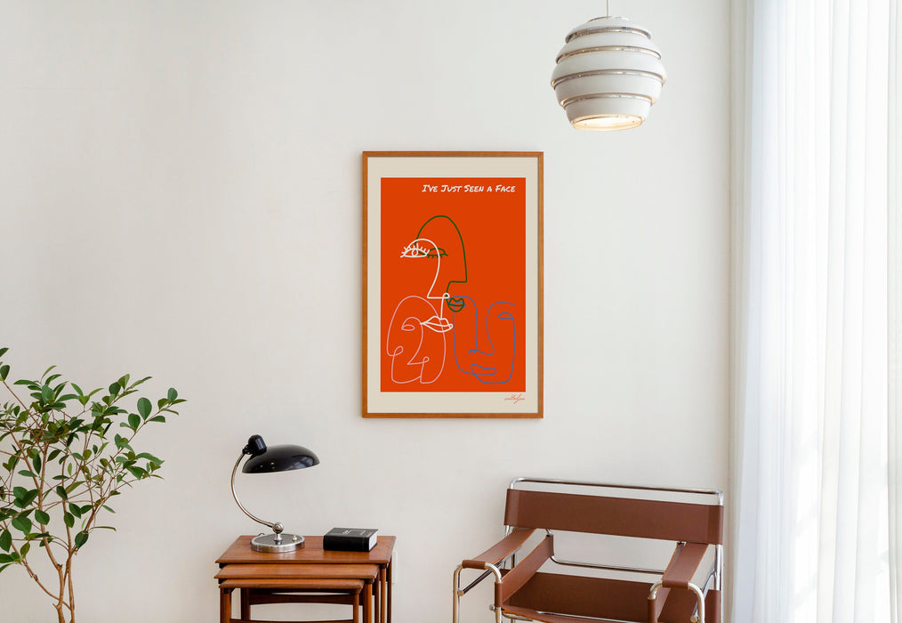 Retro Quote Wall Print, Face Line Art, Orange Wall Art, Wall Decor, Large Art