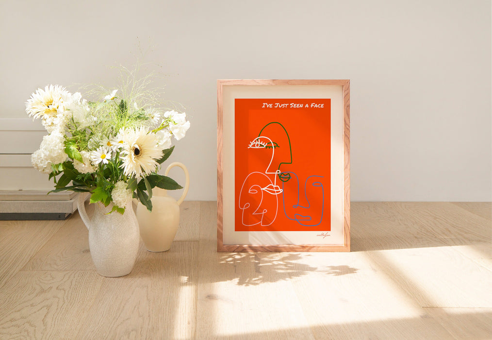 Retro Quote Wall Print, Face Line Art, Orange Wall Art, Wall Decor, Large Art