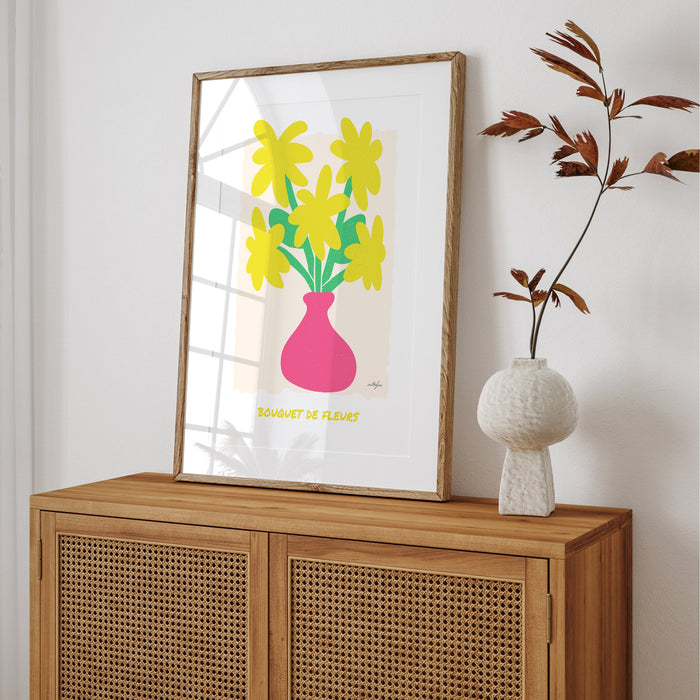 Colourful Flower Poster Print, Yellow Flower Bouquet Wall Art, Modern Fine Art Giclée Poster