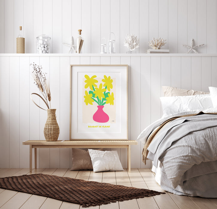 Colourful Flower Poster Print, Yellow Flower Bouquet Wall Art, Modern Fine Art Giclée Poster