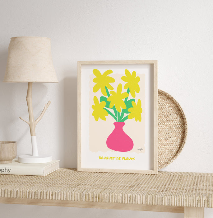 Colourful Flower Poster Print, Yellow Flower Bouquet Wall Art, Modern Fine Art Giclée Poster